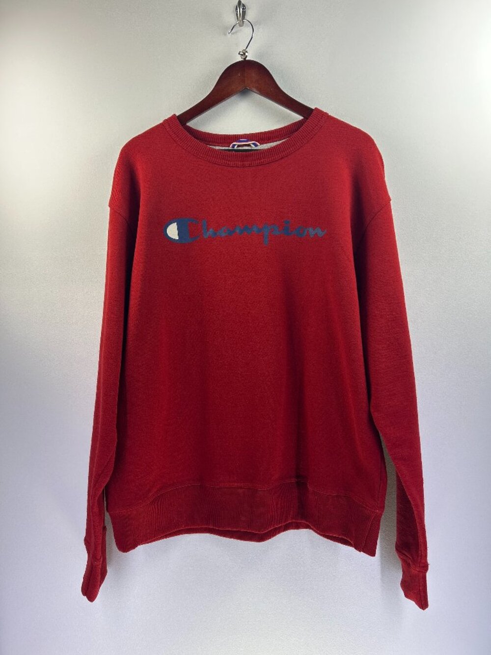 Champion Red Crewneck Sweatshirt with Script Logo - L